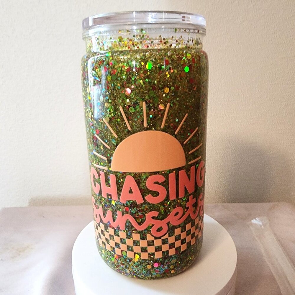 Handmade Glitter Snow Globe Cup 16 Oz. Acrylic Sunsets Lid & Straw Slow Flow.
